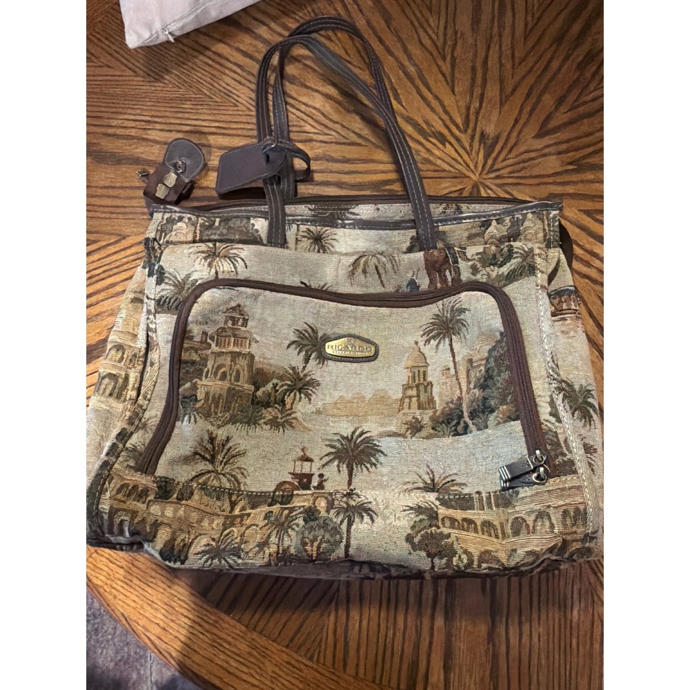 Ricardo Beverly Hills Tapestry Tote Bag Scenic Landscape Elephant Palm Tree Tan